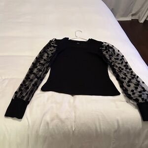 SHEIN Black Blouse with Sheer Polka Dot Sleeves